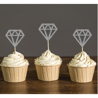 Hens Night Cupcake Toppers 10pack - DIAMOND SOLITAIRE SILVER